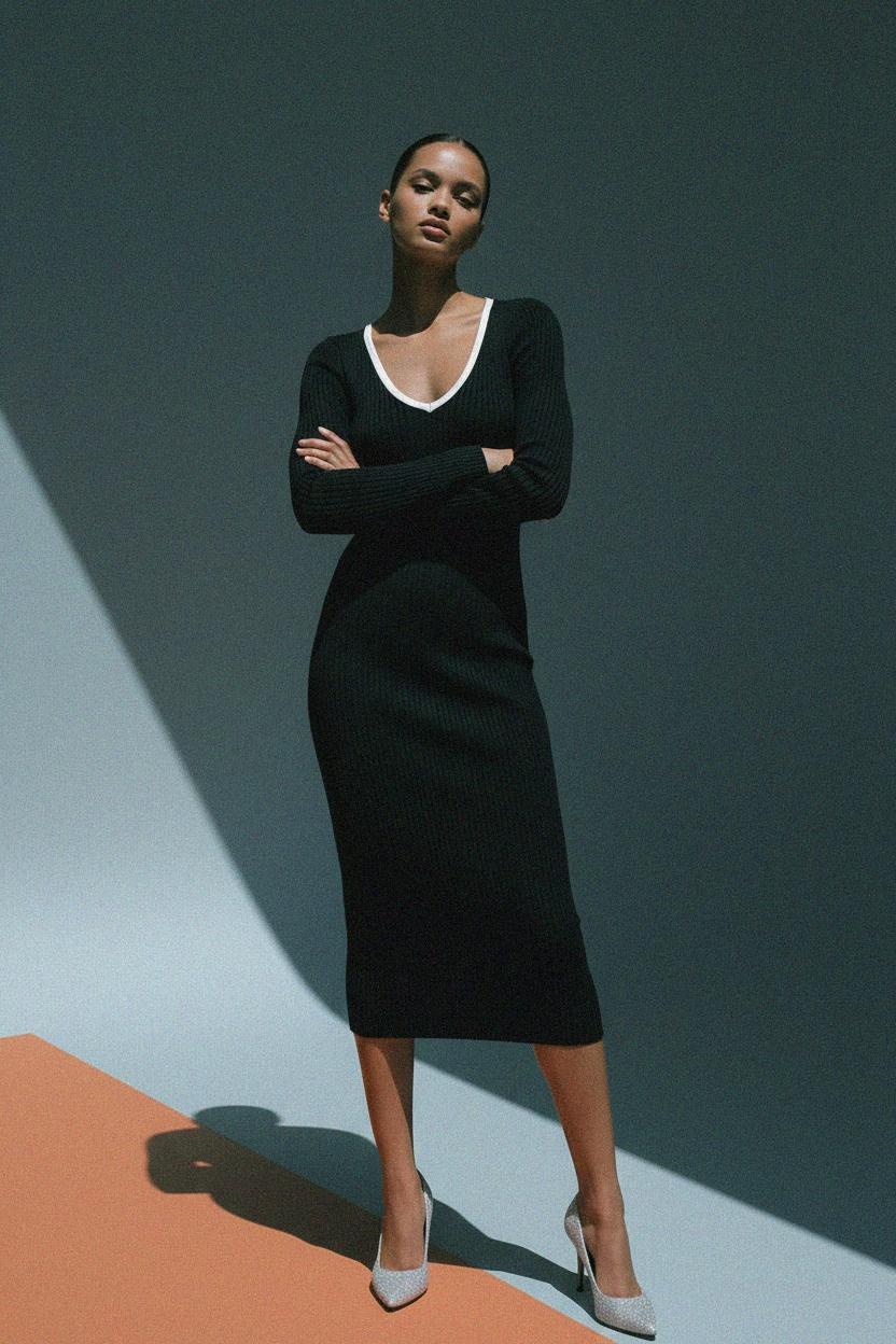 Dopasowana czarna prążkowana sukienka midi z dekoltem w serek zdjęcie 3