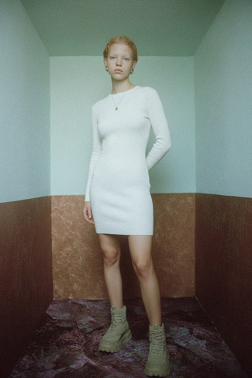 Biała prążkowana, dopasowana mini sukienka z długim rękawem zdjęcie 3