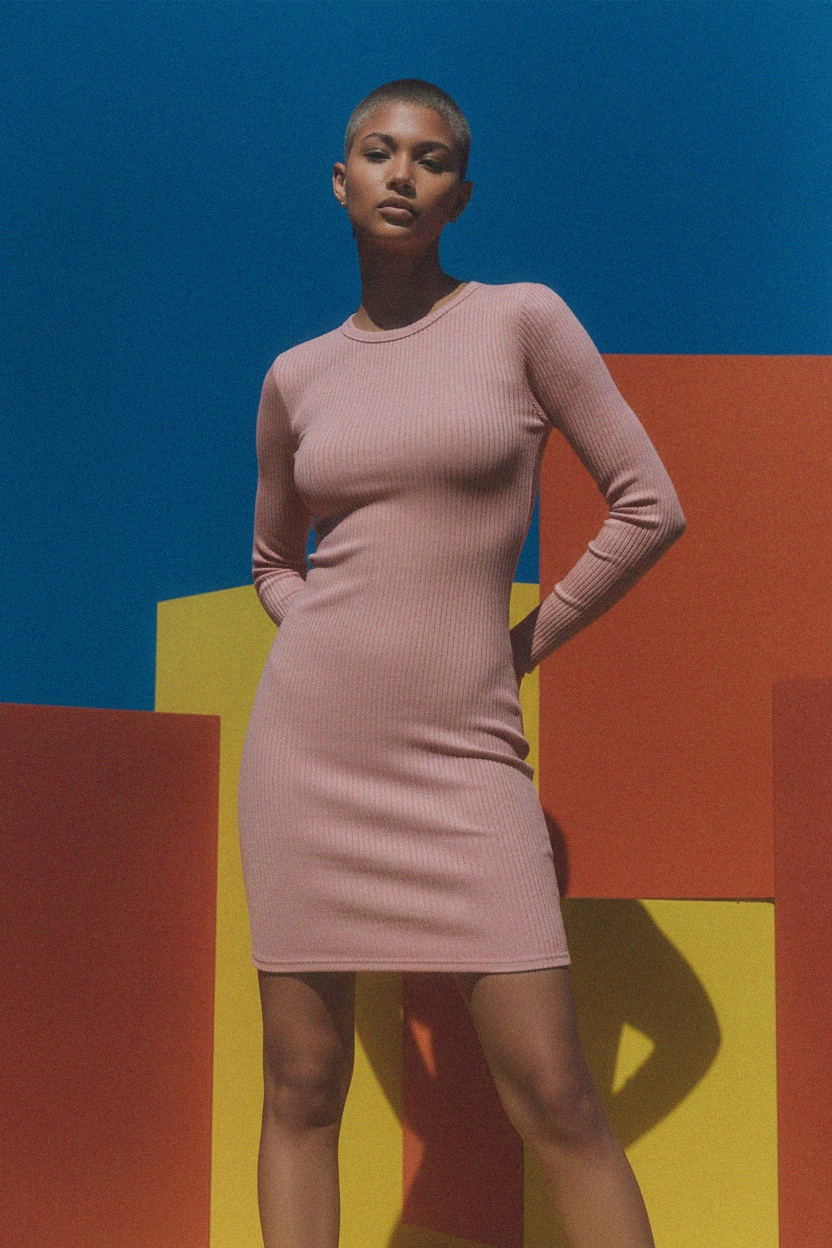 Prążkowana, dopasowana sukienka mini z długim rękawem zdjęcie 3