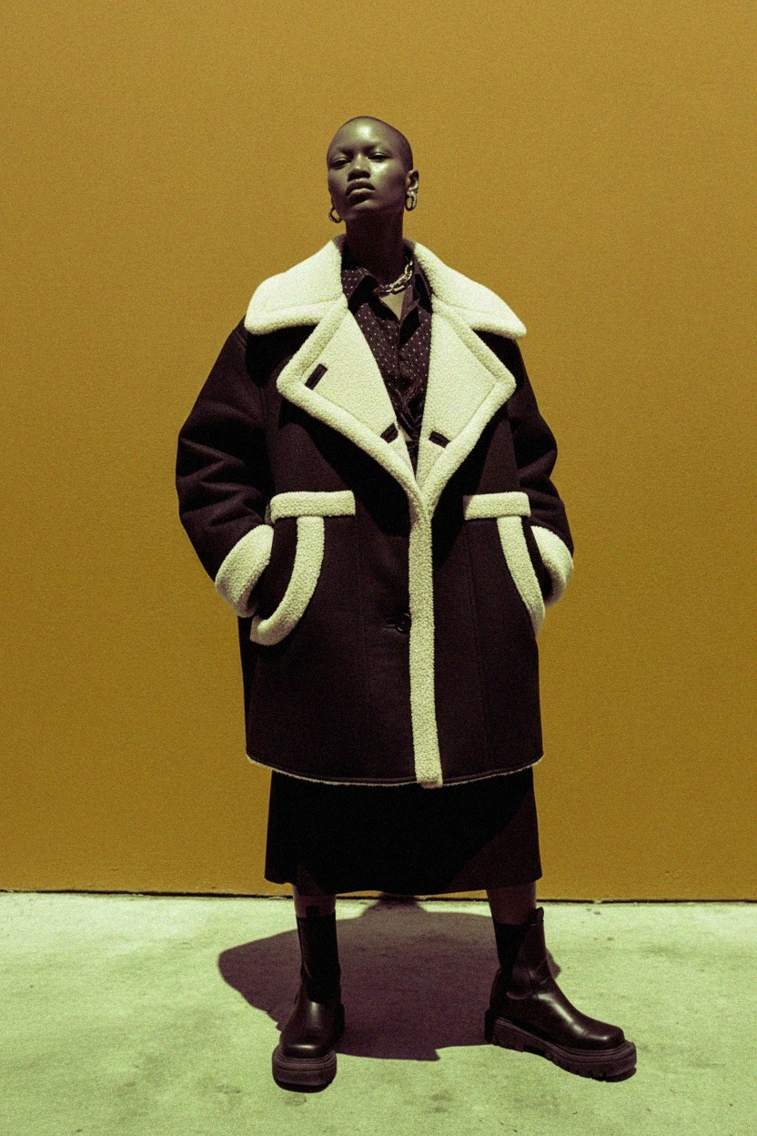 Oversized Black Shearling-Lined Coat zdjęcie 4