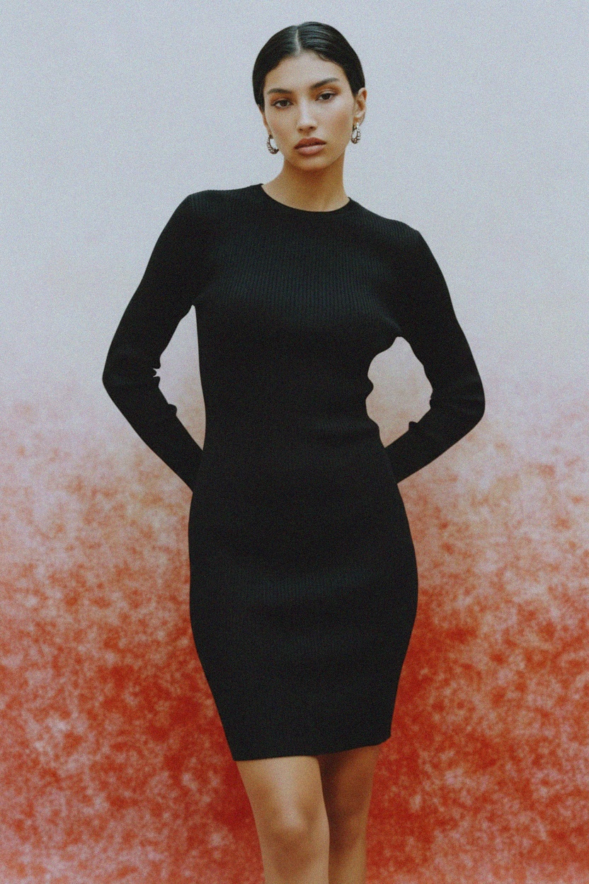 Czarna prążkowana sukienka mini z długim rękawem zdjęcie 2