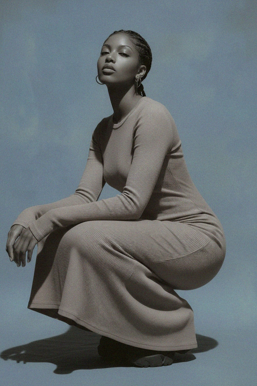 Sukienka midi z prążkowanej dzianiny z długim rękawem zdjęcie 2