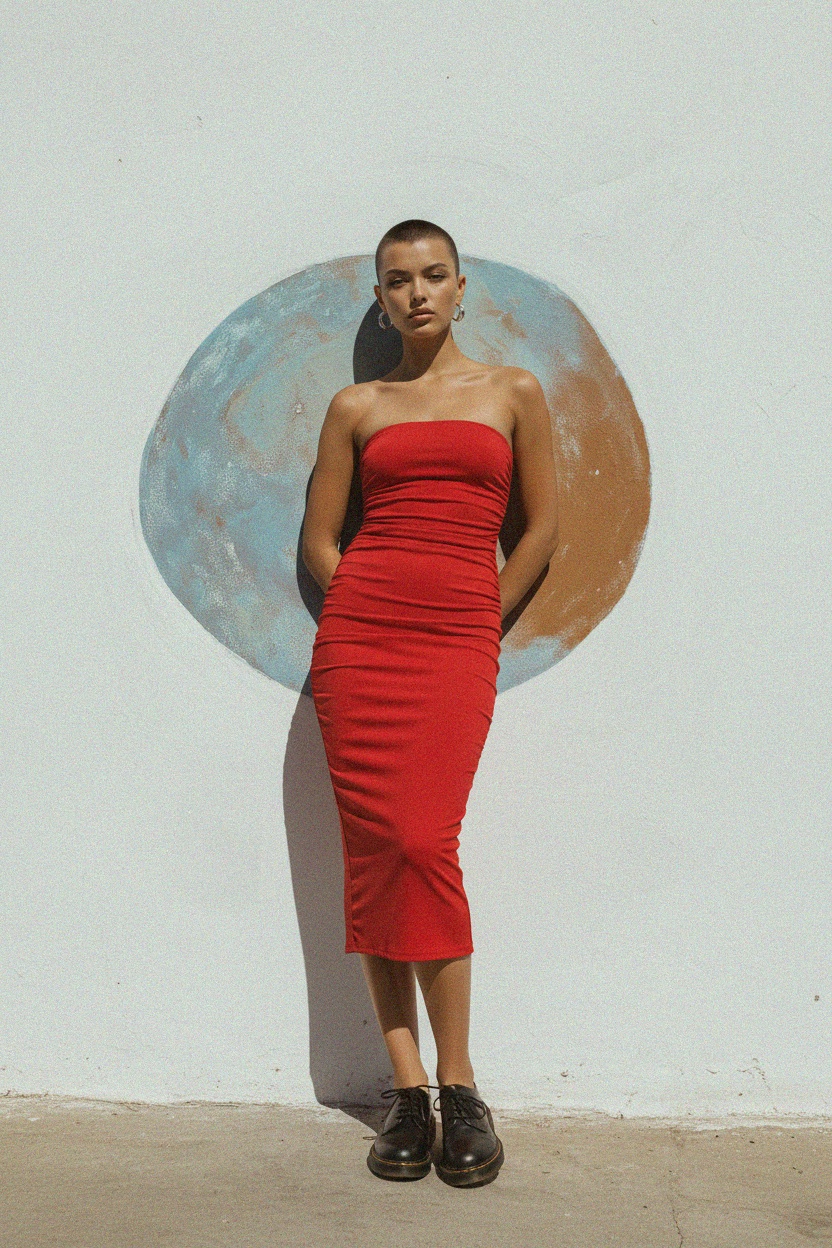 Elegancka czerwona sukienka midi bez ramiączek zdjęcie 3