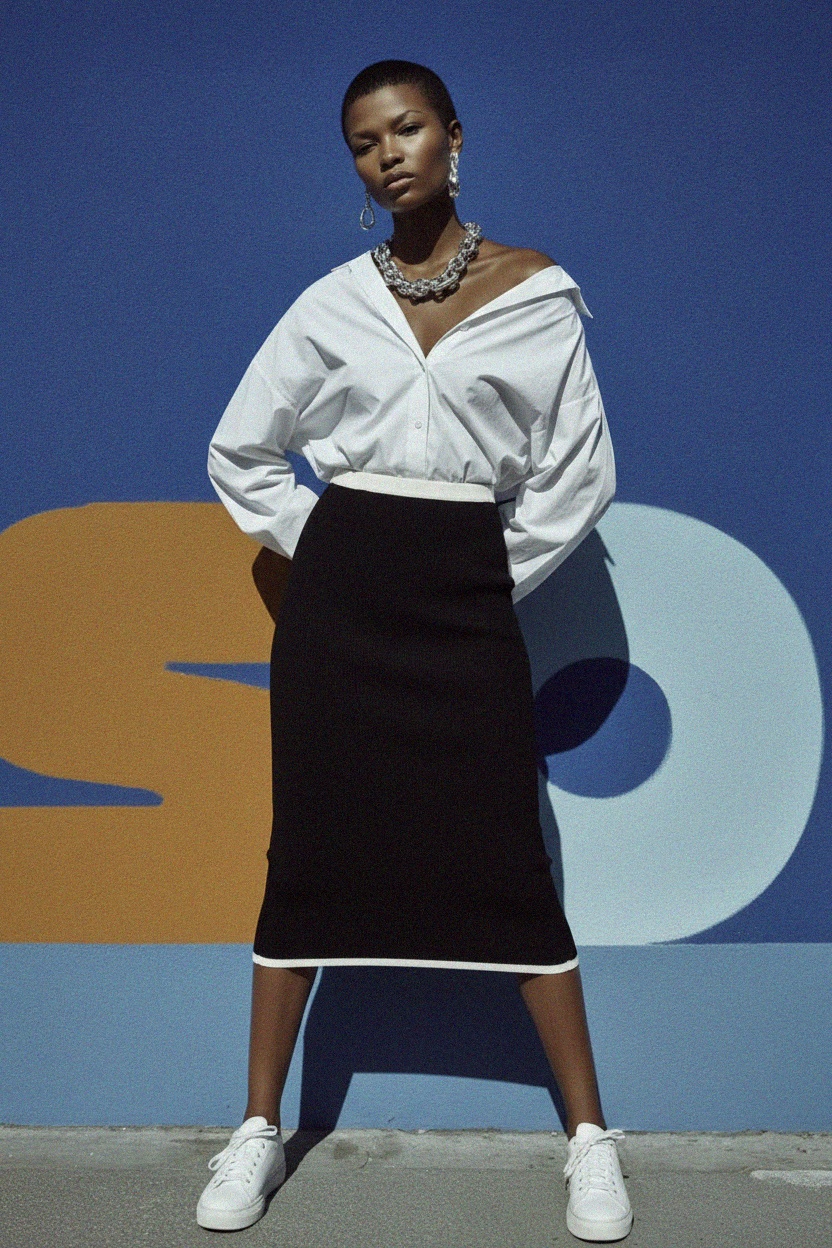 Ribbed Knit Midi Skirt with Contrast Trim zdjęcie 2