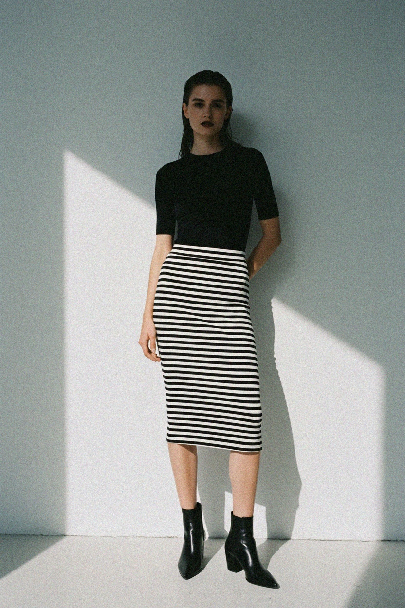 Fitted Black & White Striped Midi Skirt zdjęcie 2
