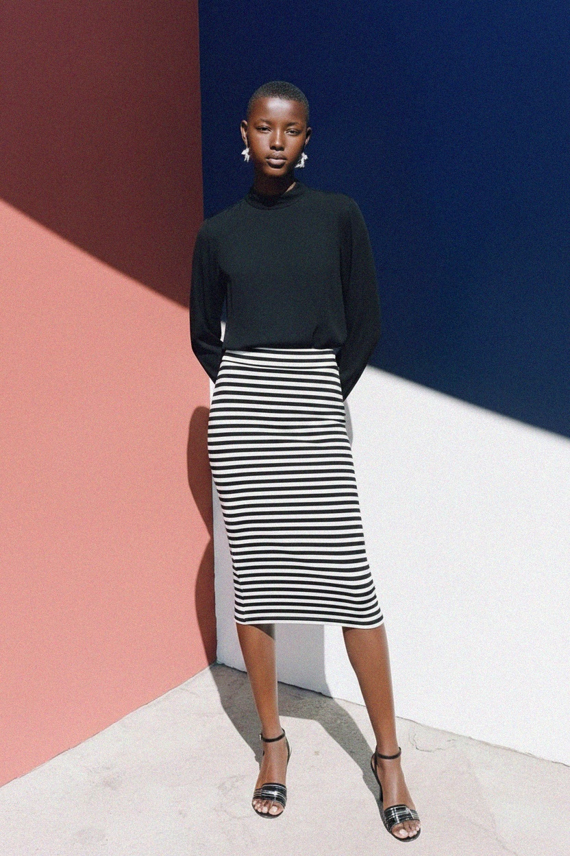 Fitted Black & White Striped Midi Skirt zdjęcie 3