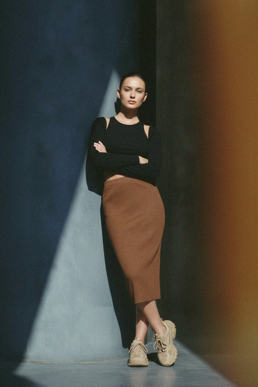 Ribbed Knit Midi Skirt in Earthy Brown zdjęcie 2