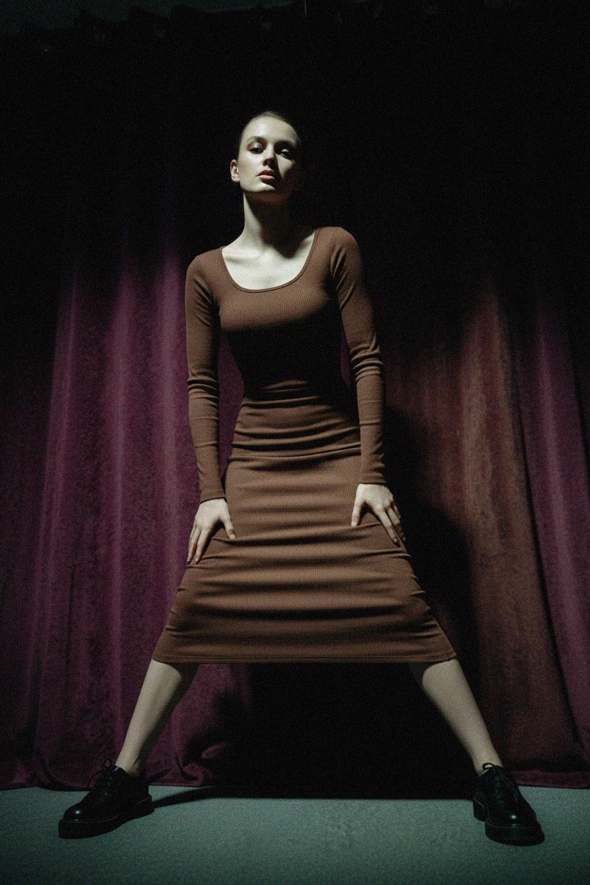 Brązowa prążkowana sukienka midi z długim rękawem zdjęcie 3