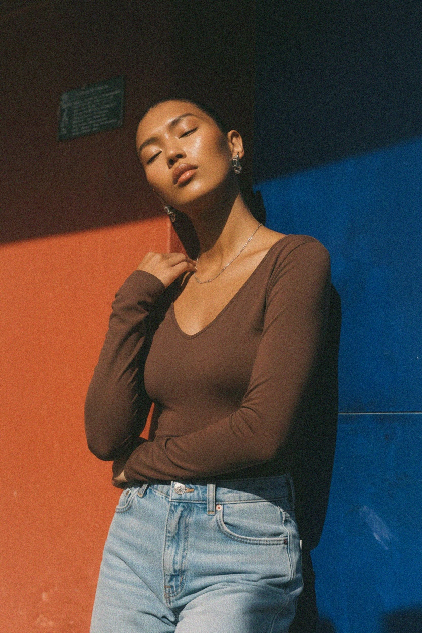 Niezbędny brązowy top z długim rękawem i dekoltem w serek zdjęcie 3