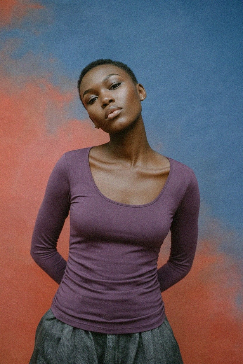 Fioletowy, dopasowany top z długim rękawem i okrągłym dekoltem zdjęcie 3