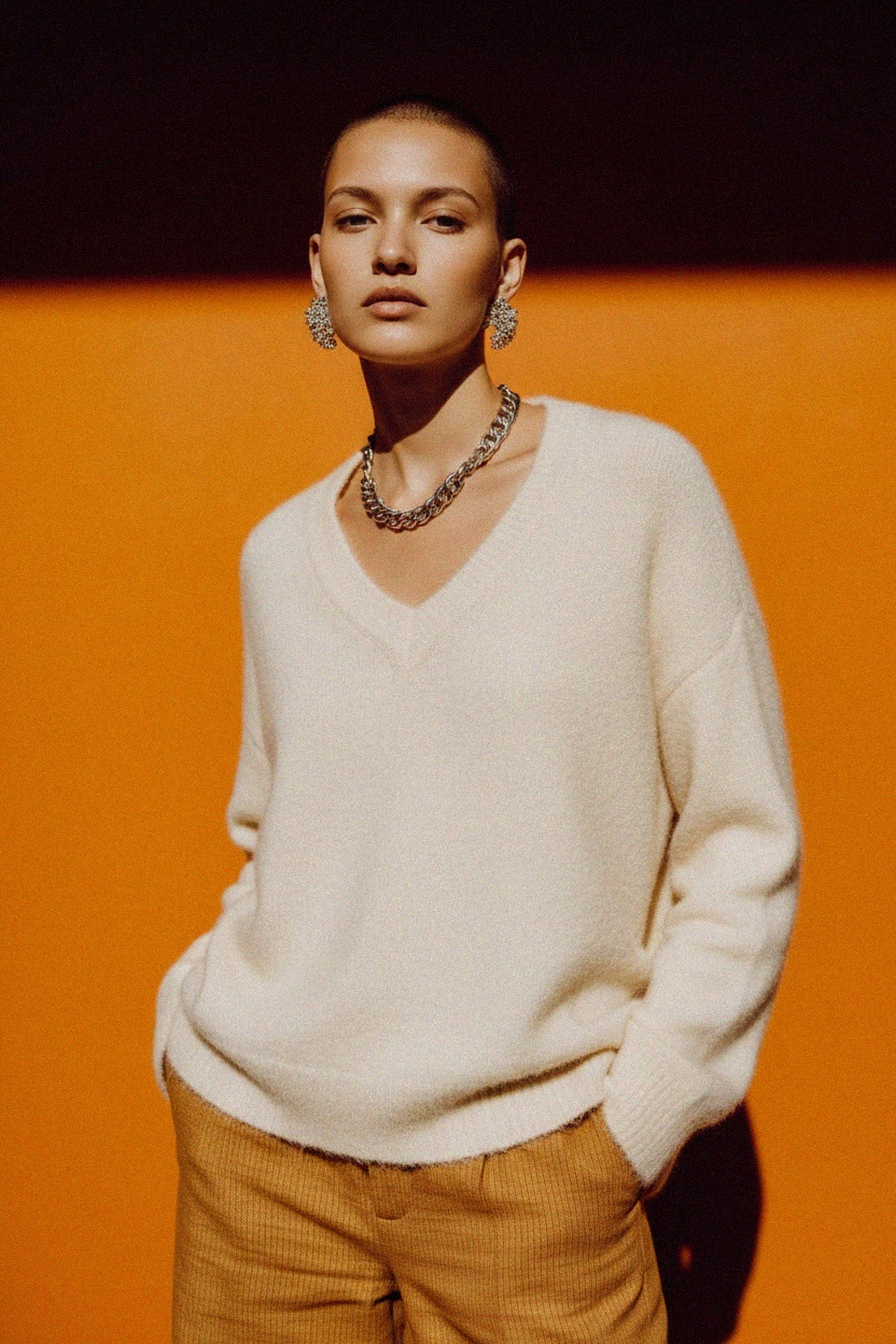 Przytulny sweter z dekoltem w serek i puszystym splotem zdjęcie 3