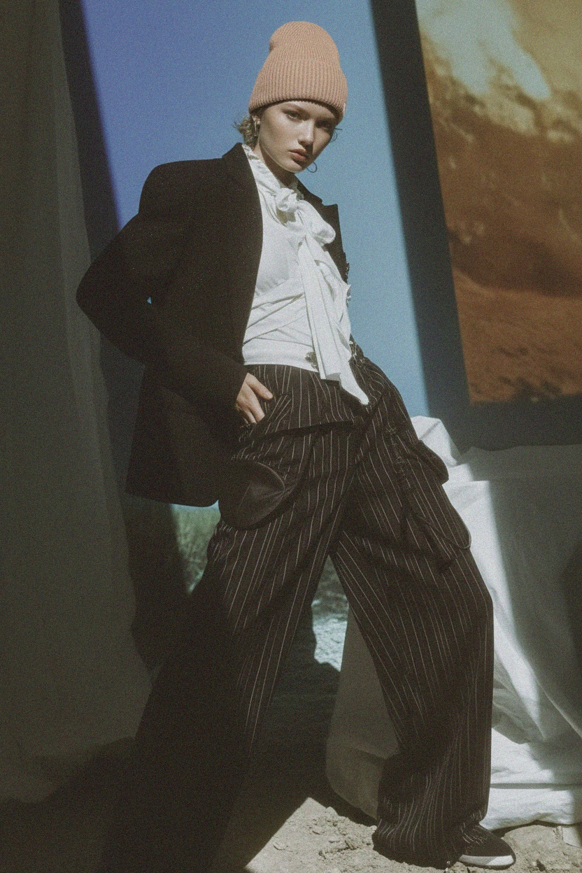 Beżowa czapka z prążkowanej dzianiny zdjęcie 3