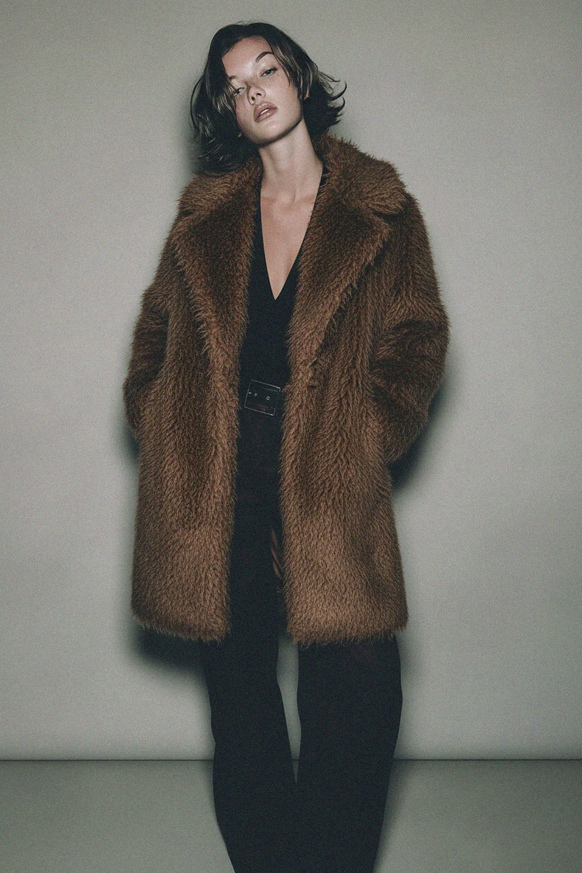 Oversize Brown Shaggy Faux Fur Long Coat zdjęcie 3