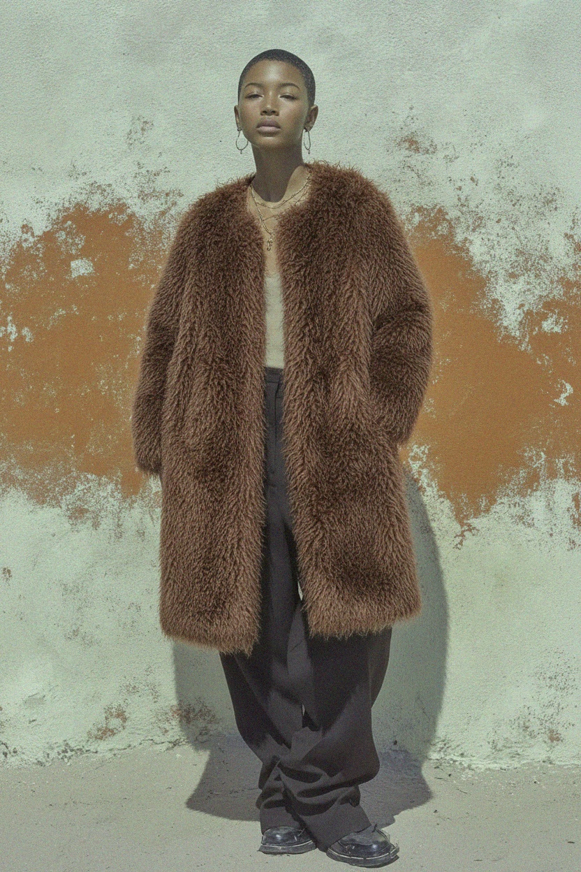 Oversize Brown Shaggy Faux Fur Long Coat zdjęcie 4