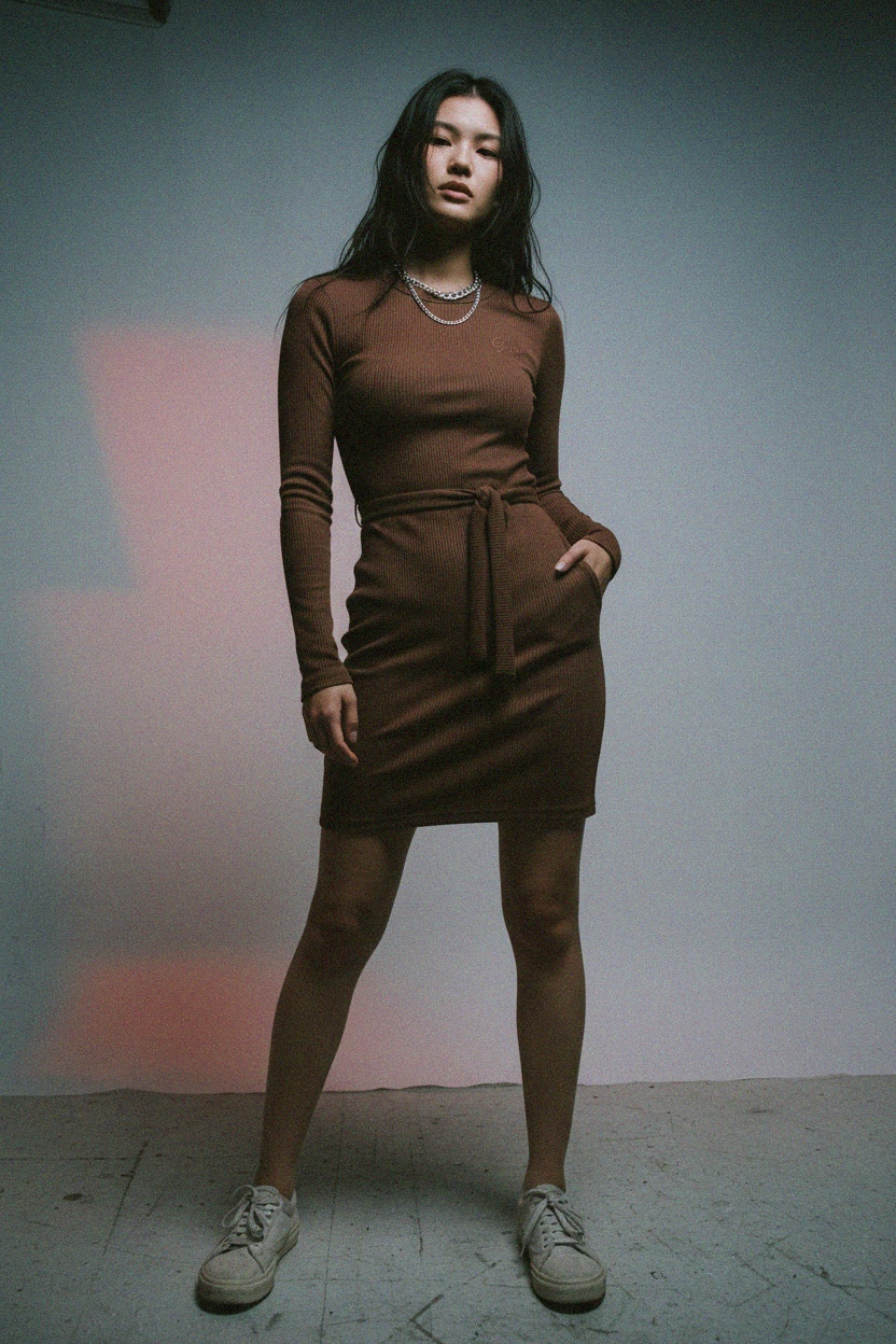 Brązowa prążkowana sukienka mini z długim rękawem i wiązaniem w talii zdjęcie 2