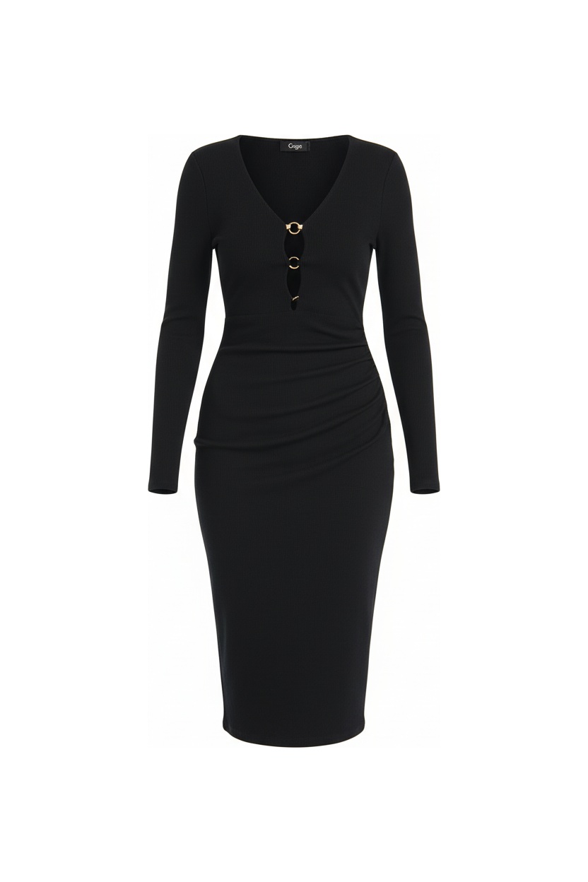 Czarna prążkowana sukienka midi z dekoltem w serek ze złotym kółkiem zdjęcie 1