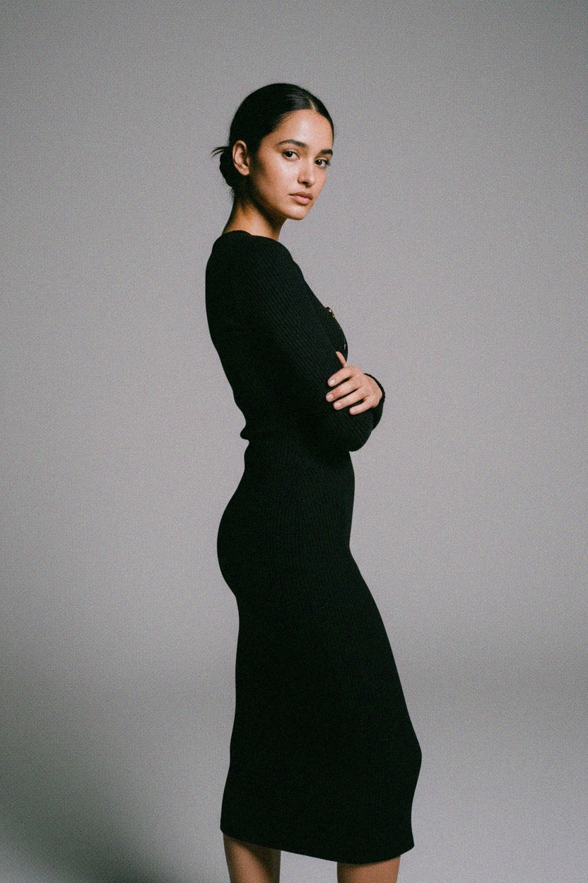 Czarna prążkowana sukienka midi z dekoltem w serek ze złotym kółkiem zdjęcie 2