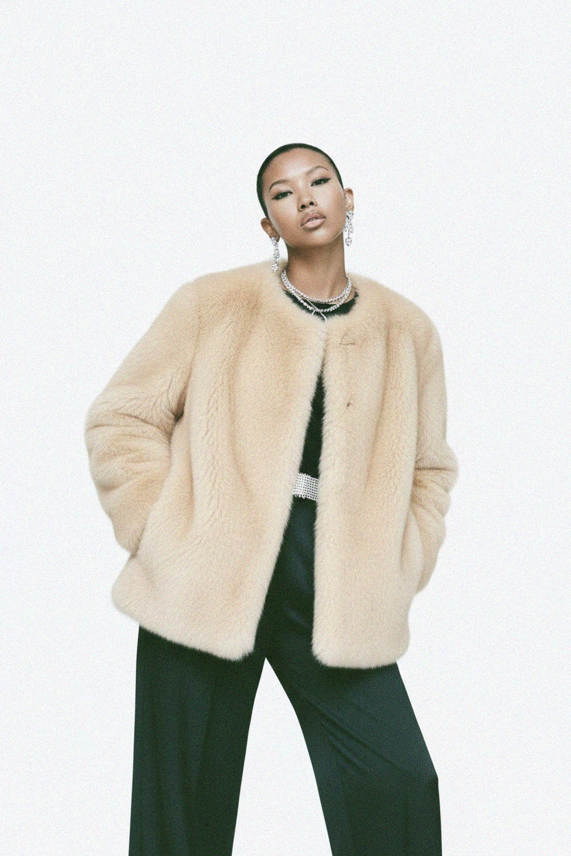 Fluffy Beige Faux Fur Short Coat zdjęcie 3