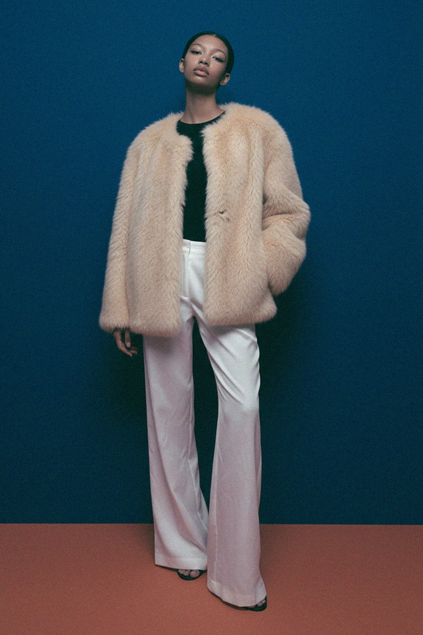 Fluffy Beige Faux Fur Short Coat zdjęcie 4