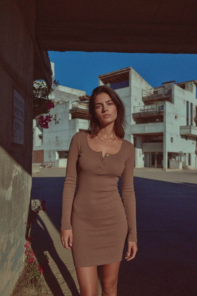 Sukienka mini z prążkowanego materiału z długim rękawem i dekoltem henley zdjęcie 3