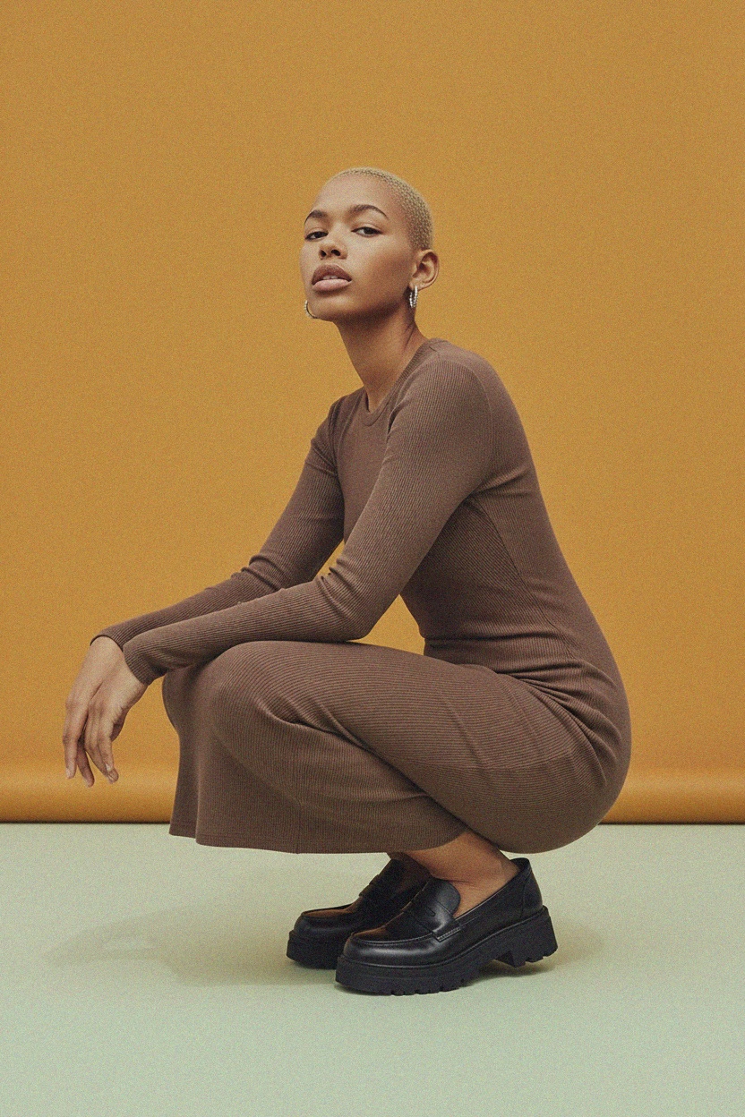 Brązowa prążkowana sukienka midi z długim rękawem i dopasowaną talią zdjęcie 2