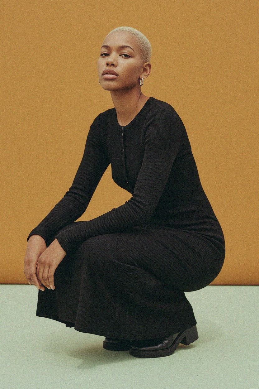 Czarna prążkowana sukienka midi z długim rękawem i guzikami z przodu zdjęcie 3