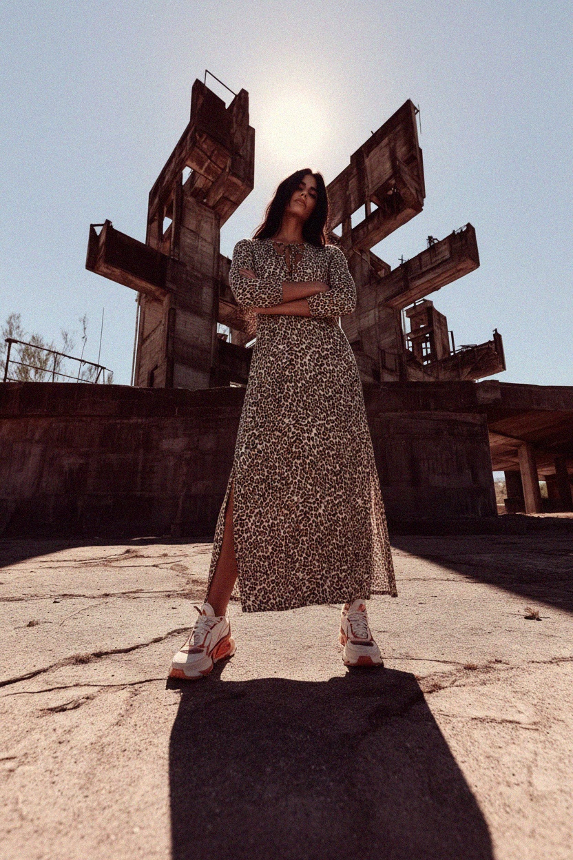 Długa sukienka z nadrukiem w panterkę, wiązaniem przy szyi i rozcięciami po bokach zdjęcie 2