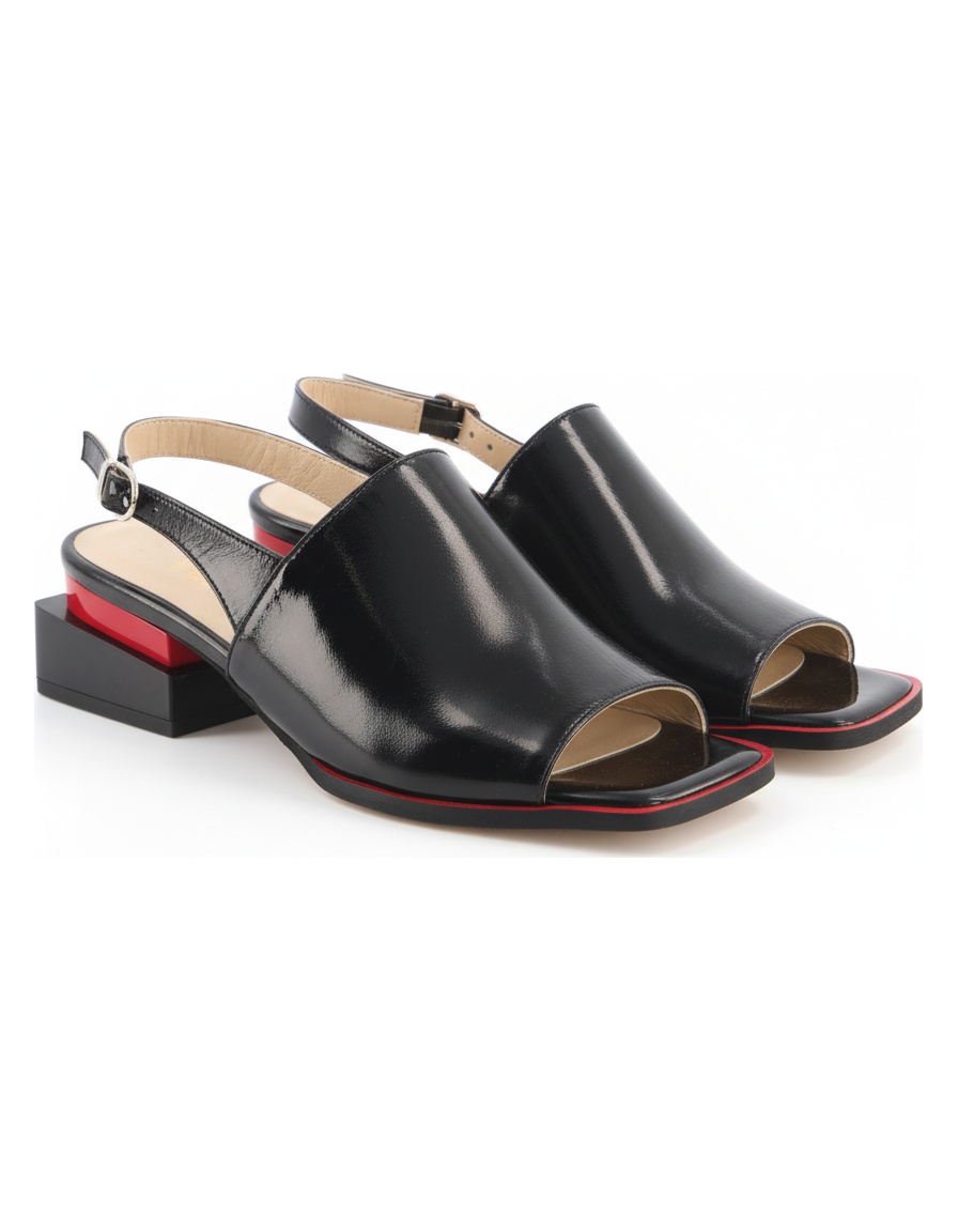 Black Patent Sandal Heels with Red Detail zdjęcie 1