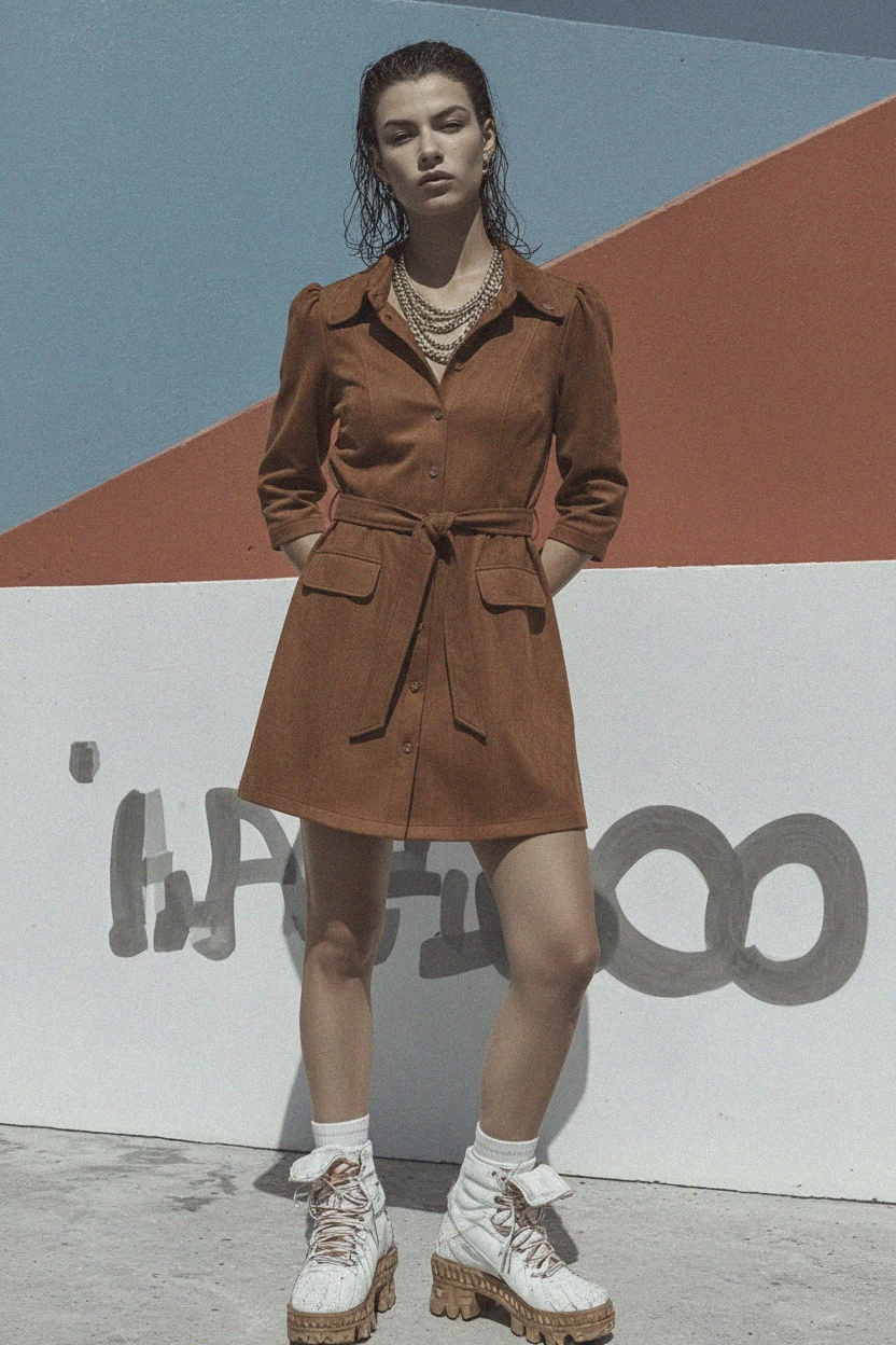 Brown Faux Suede Mini Shirt Dress with Tie Waist zdjęcie 3