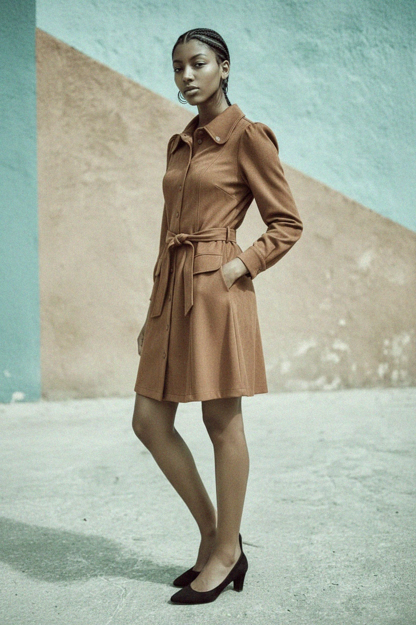 Brown Faux Suede Mini Shirt Dress with Tie Waist zdjęcie 4