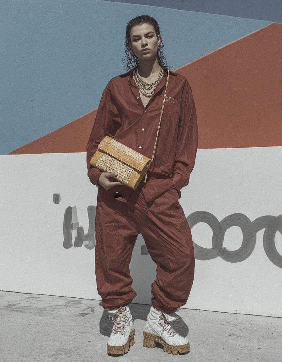 Beige Rattan & Croc-Embossed Clutch with Gold Chain zdjęcie 2