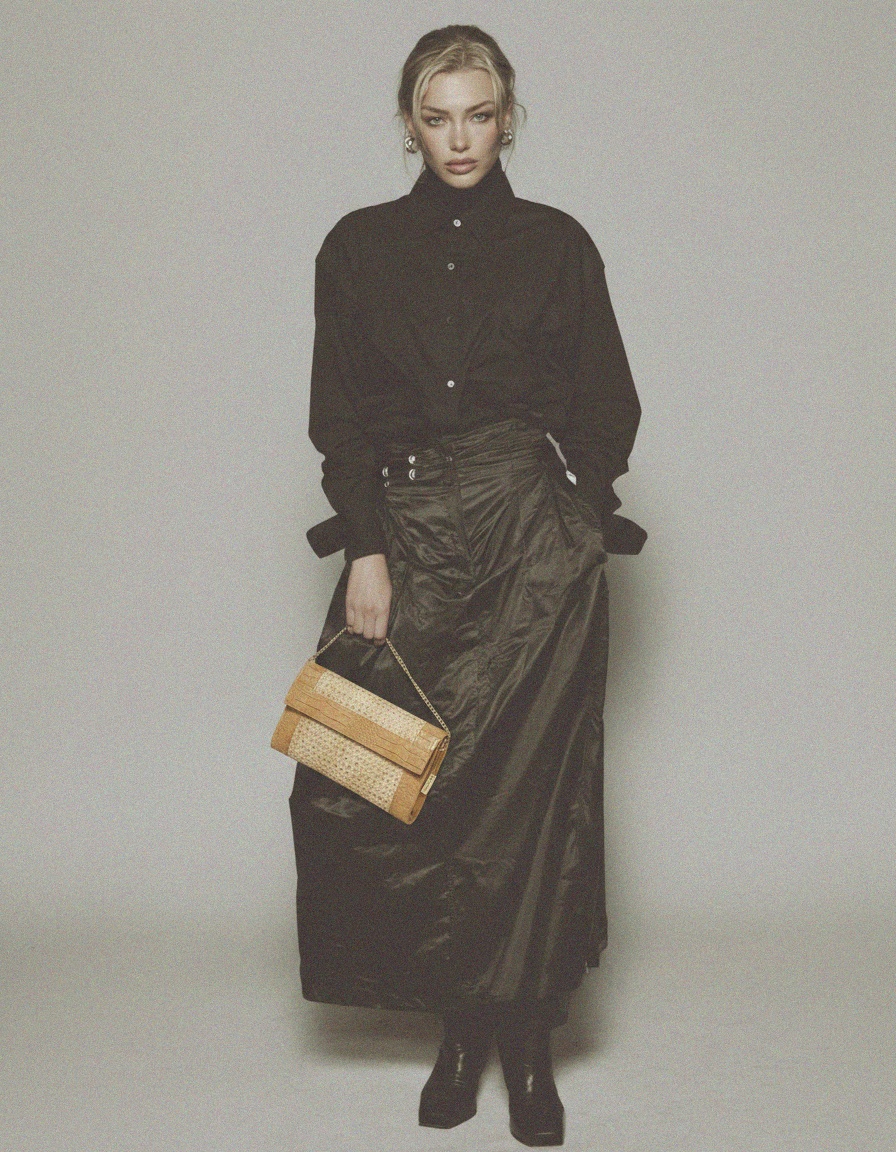 Beige Rattan & Croc-Embossed Clutch with Gold Chain zdjęcie 3