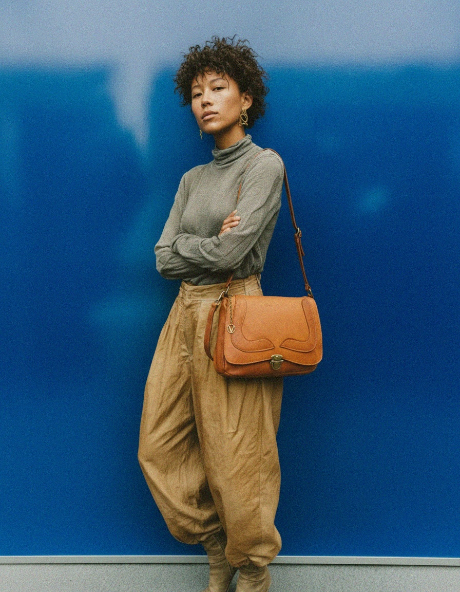 Tan Leather Flap Shoulder Bag with V Charm zdjęcie 2