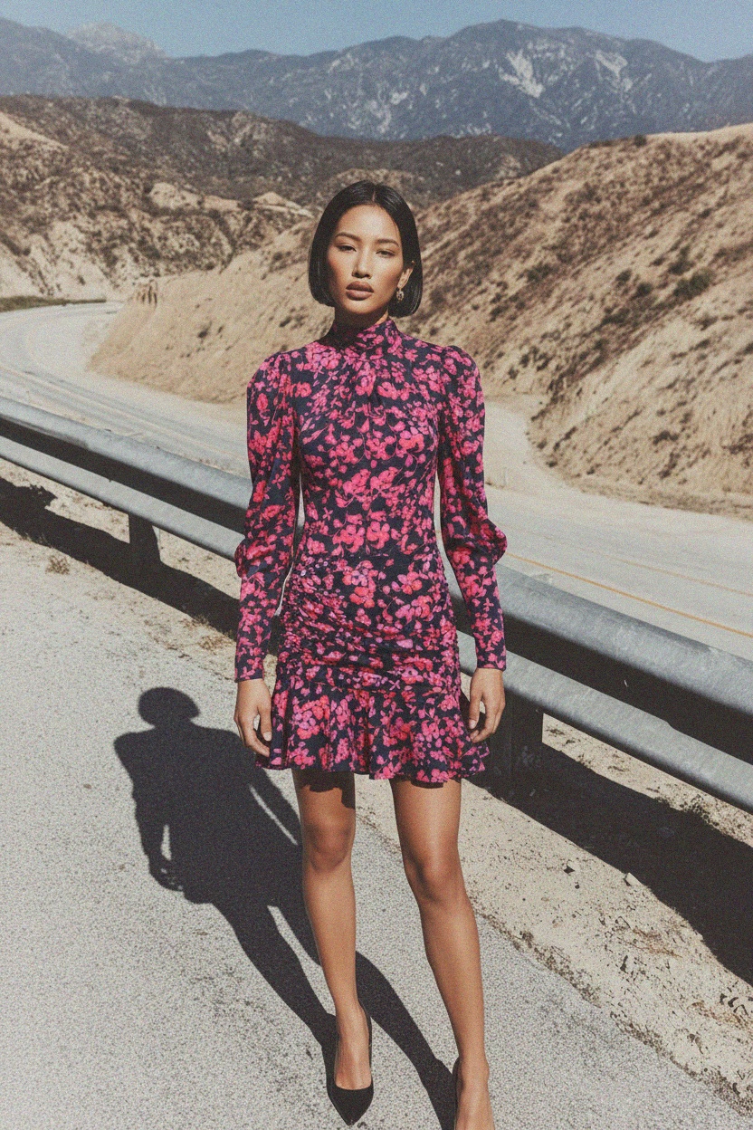 Floral Ruched Mini Dress with Puffed Sleeves zdjęcie 4