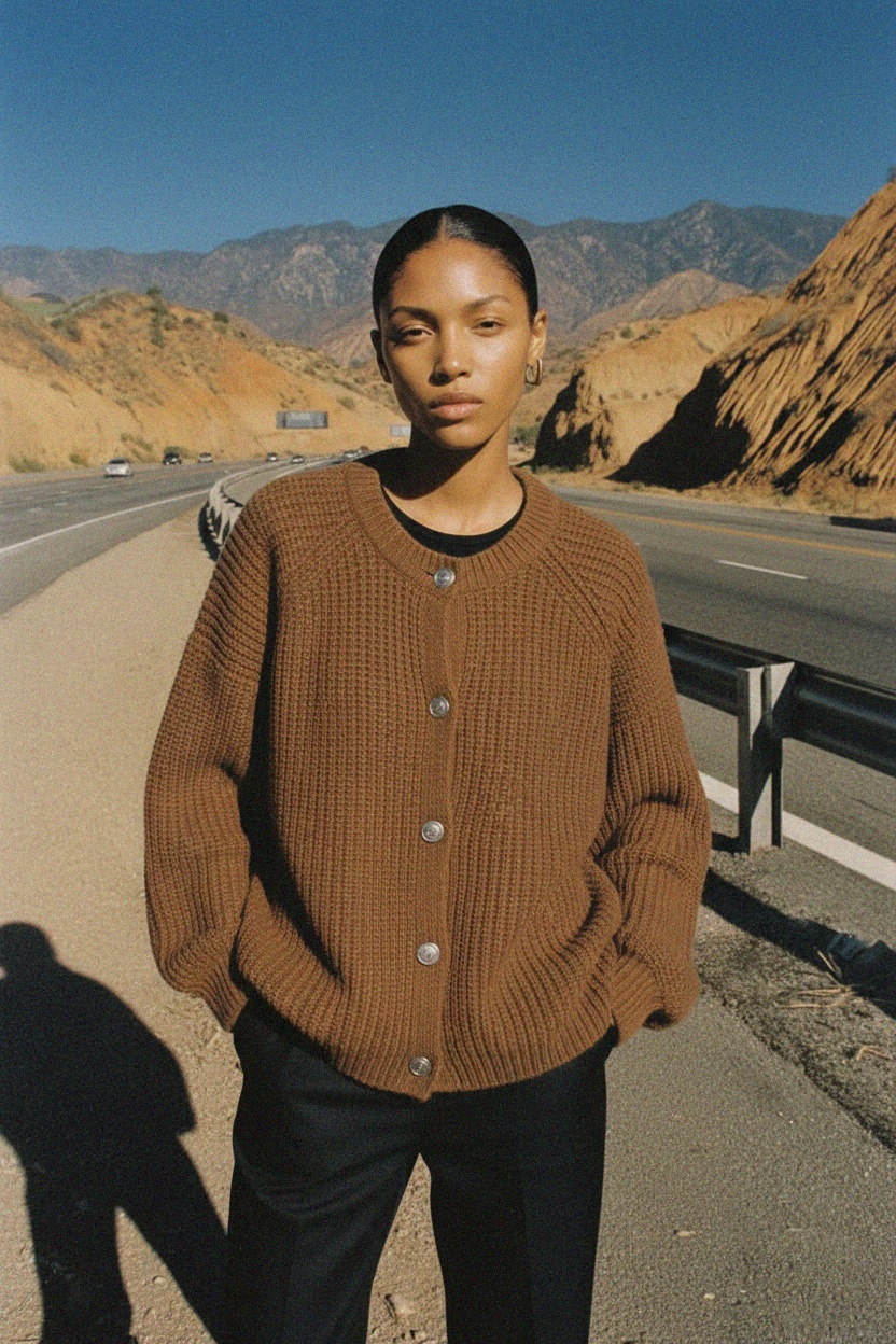 Brown Ribbed Knit Cardigan zdjęcie 3