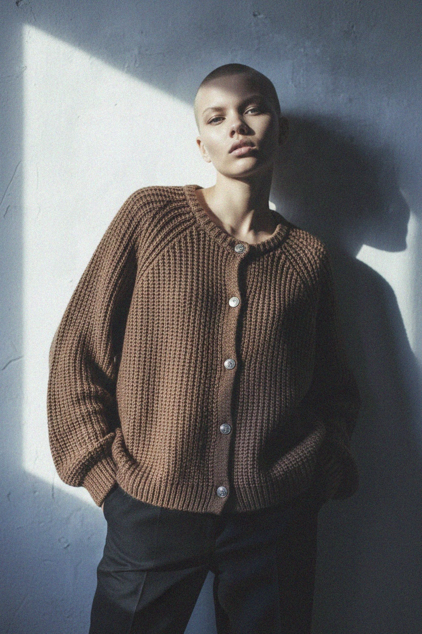 Brown Ribbed Knit Cardigan zdjęcie 4