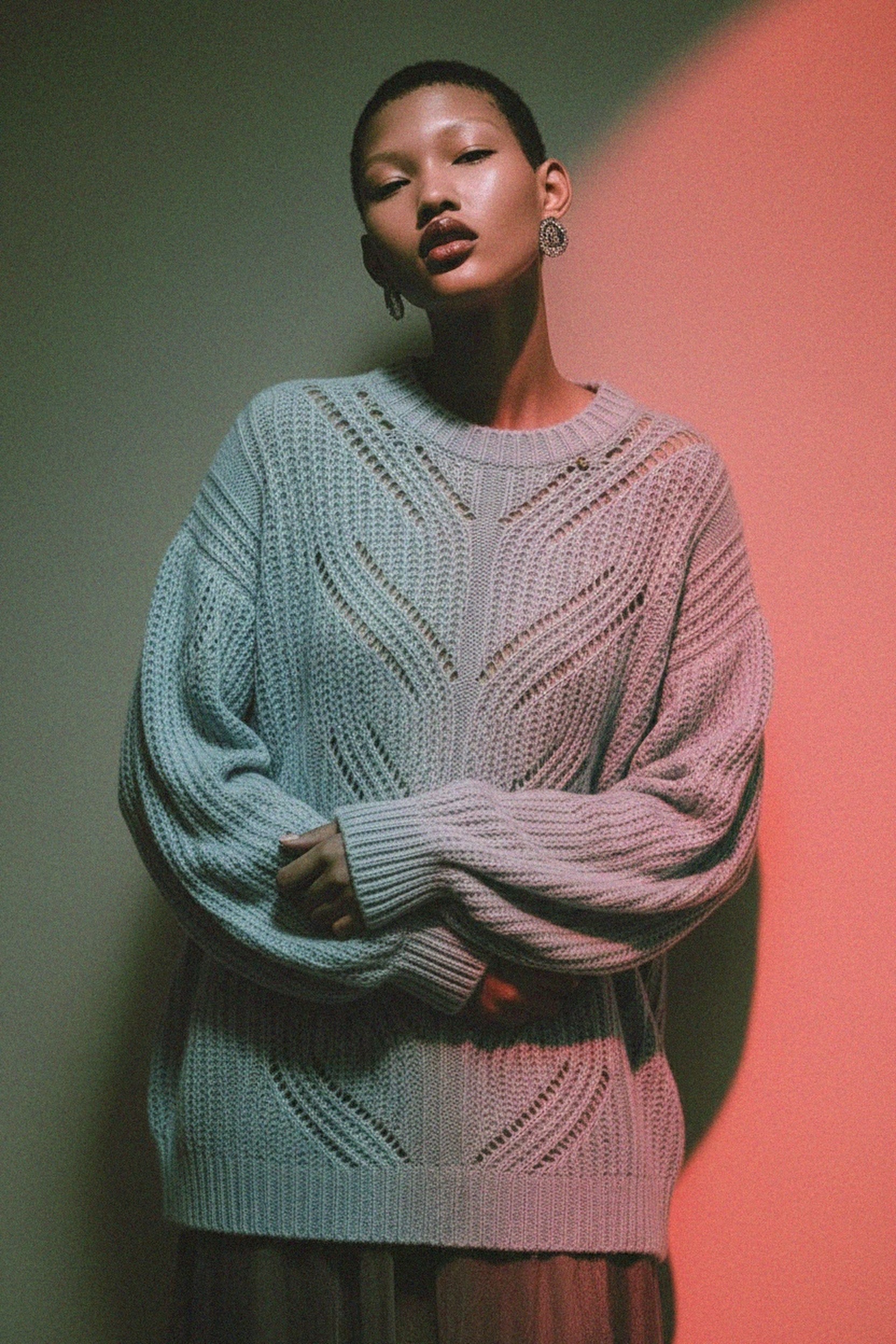 Oversized Light Blue Open-Knit Sweater with Balloon Sleeves zdjęcie 2