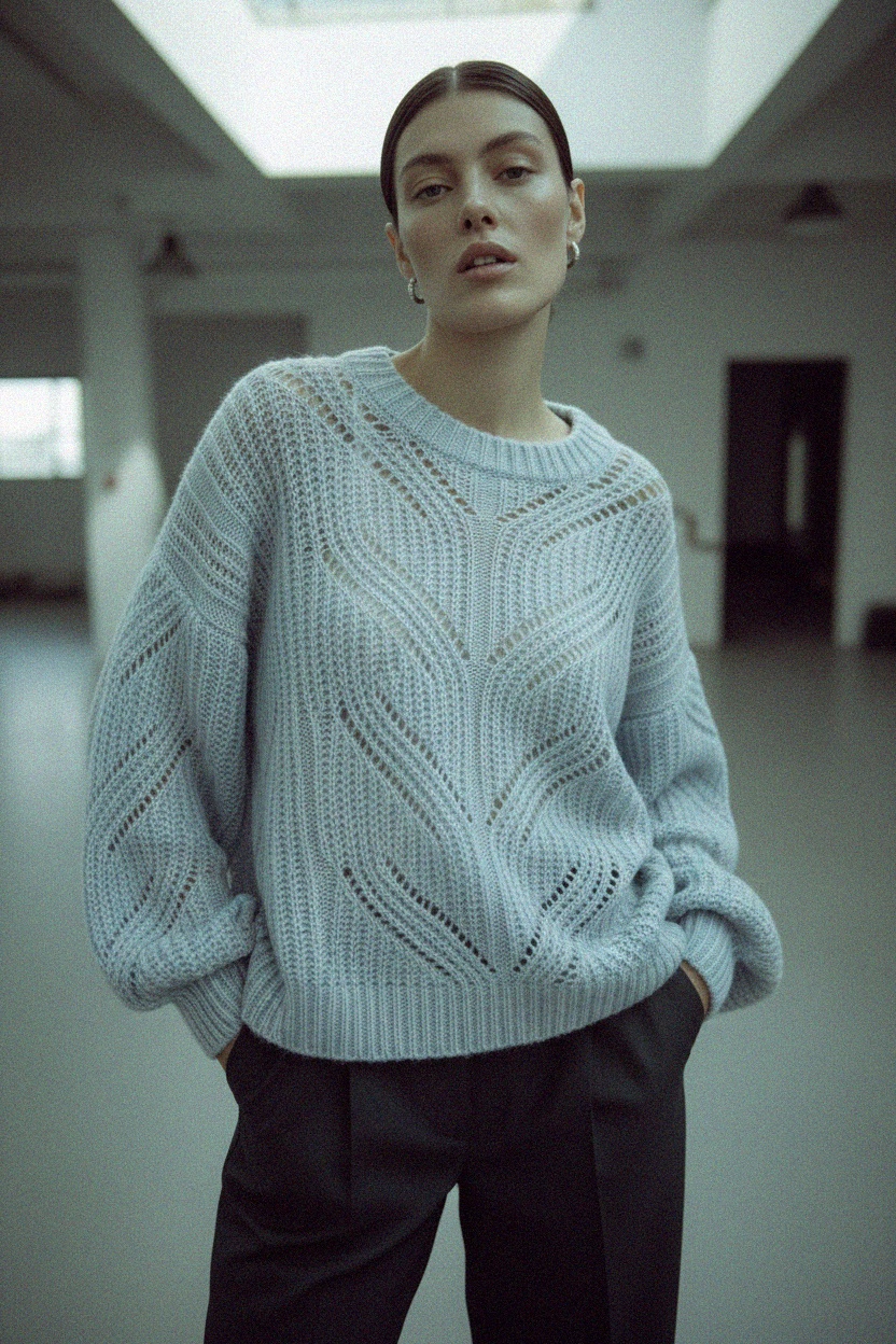 Oversized Light Blue Open-Knit Sweater with Balloon Sleeves zdjęcie 3