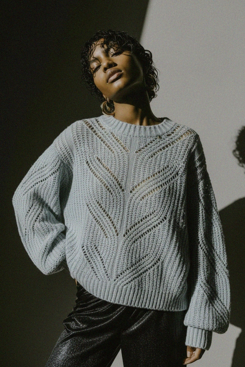 Oversized Light Blue Open-Knit Sweater with Balloon Sleeves zdjęcie 4