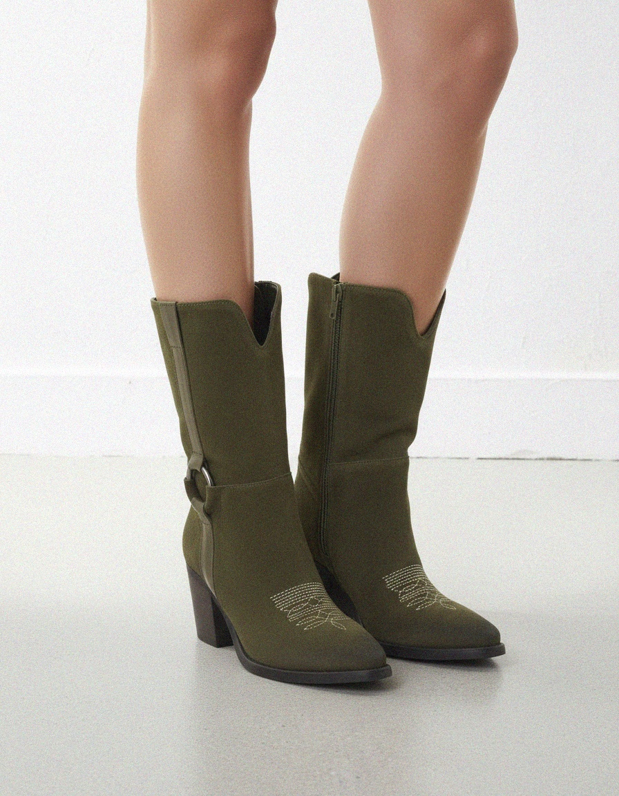 Green Suede Western Ankle Boots with Block Heel zdjęcie 2