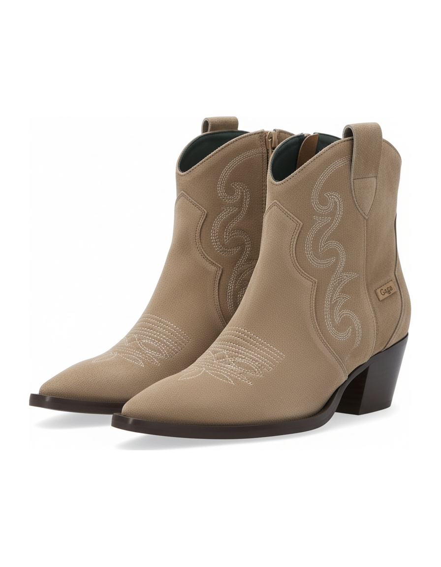 Beige Suede Ankle Boots with Western Stitching zdjęcie 1