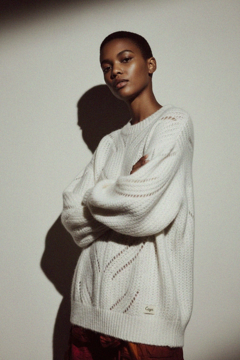 White Open-Knit Sweater with Voluminous Sleeves zdjęcie 3