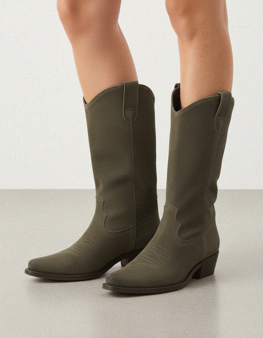 Olive Suede Western Boots with Pointed Toe zdjęcie 2