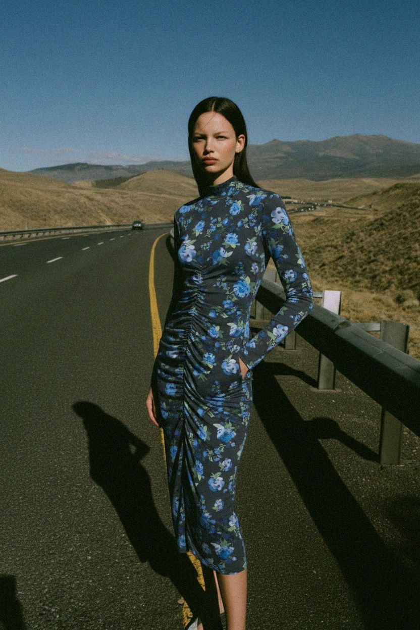 Floral Ruched Long Sleeve Midi Dress zdjęcie 3