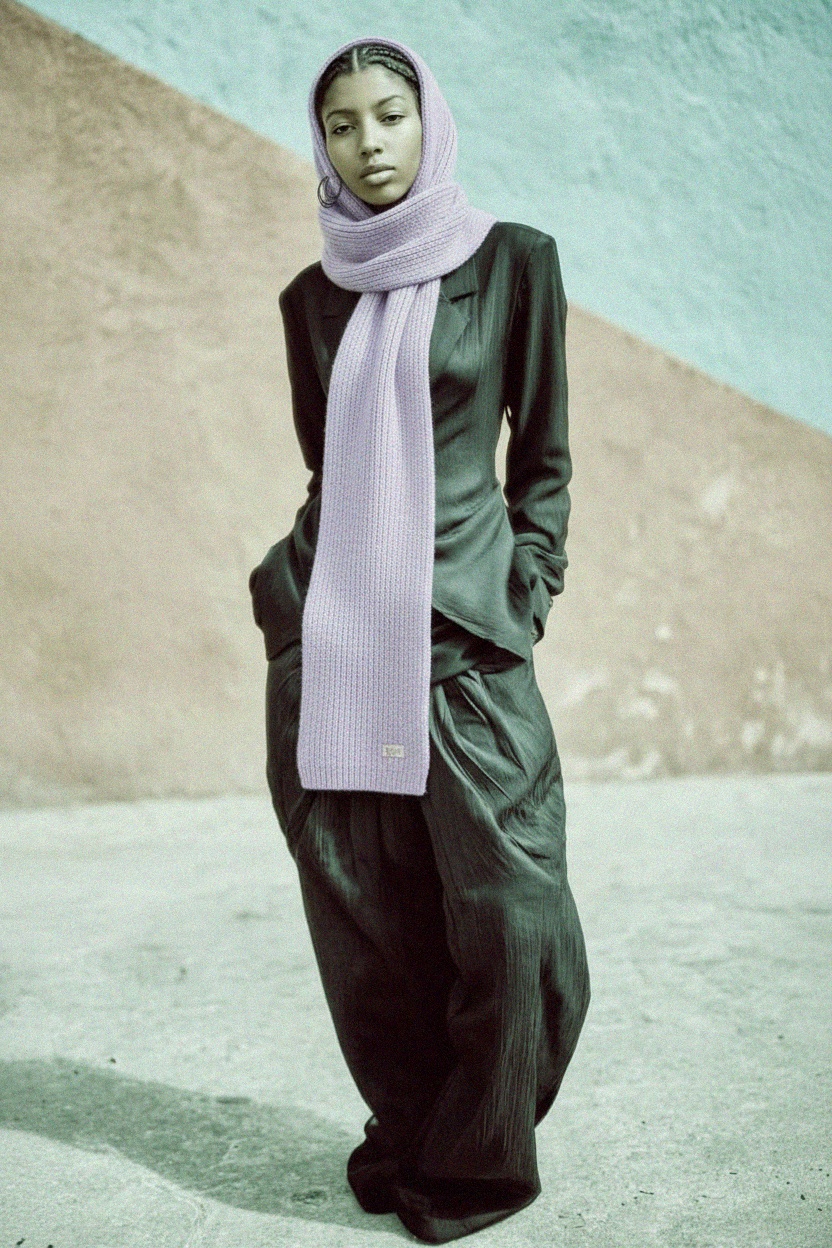 Soft Ribbed Knit Hooded Scarf - Lavender zdjęcie 3