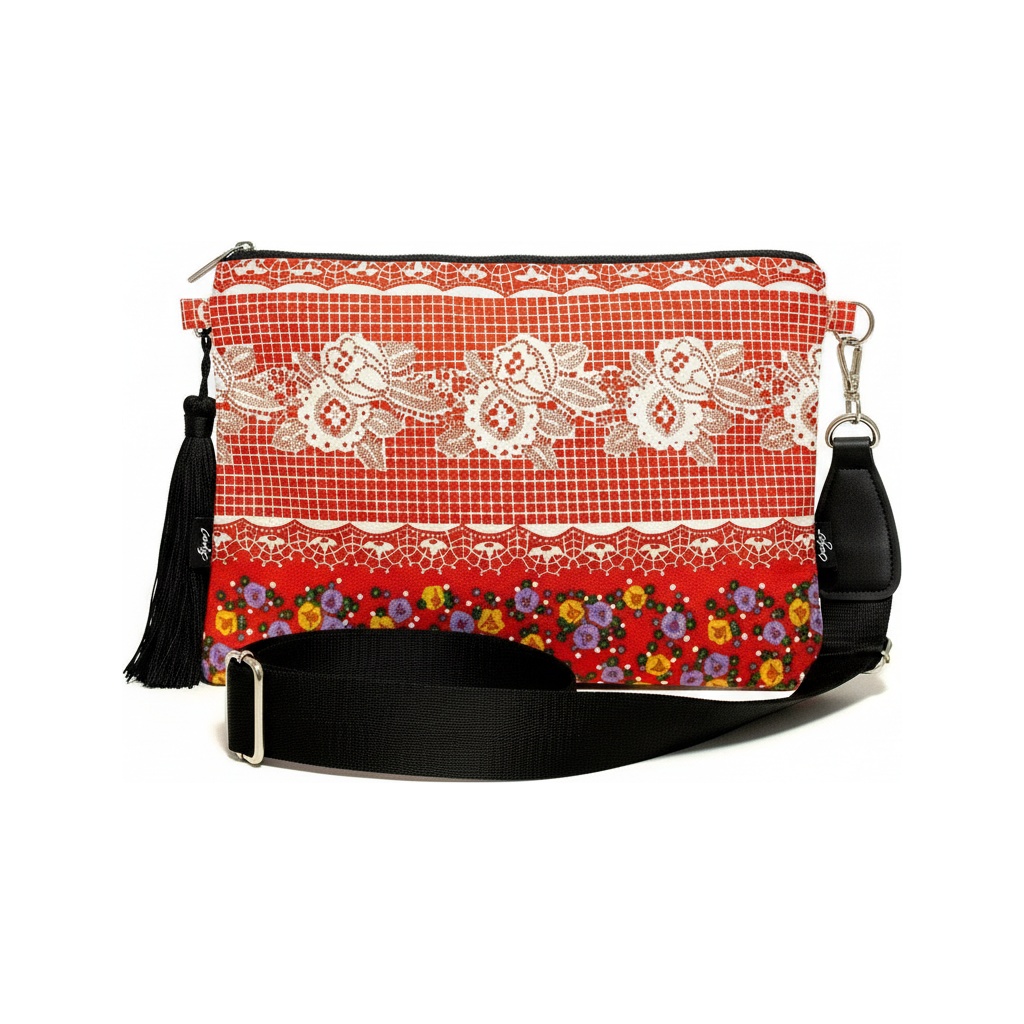 Żywa czerwona torebka typu crossbody z kwiatowym wzorem i frędzlami zdjęcie 1