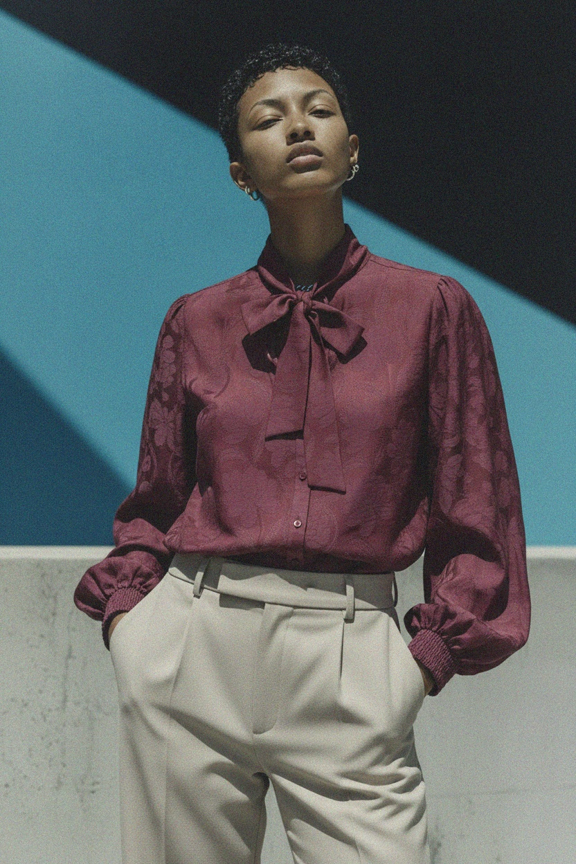 Elegant Patterned Pussy-Bow Blouse zdjęcie 4