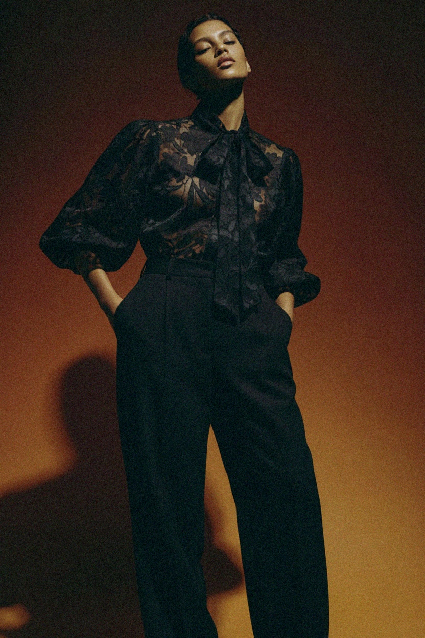 Textured Floral Tie-Neck Blouse with Voluminous Sleeves zdjęcie 3