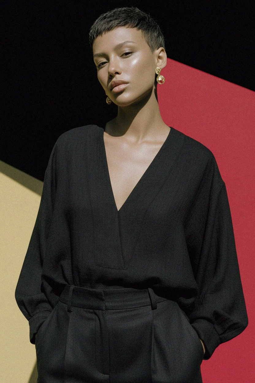 Black Oversized Textured V-Neck Blouse zdjęcie 3