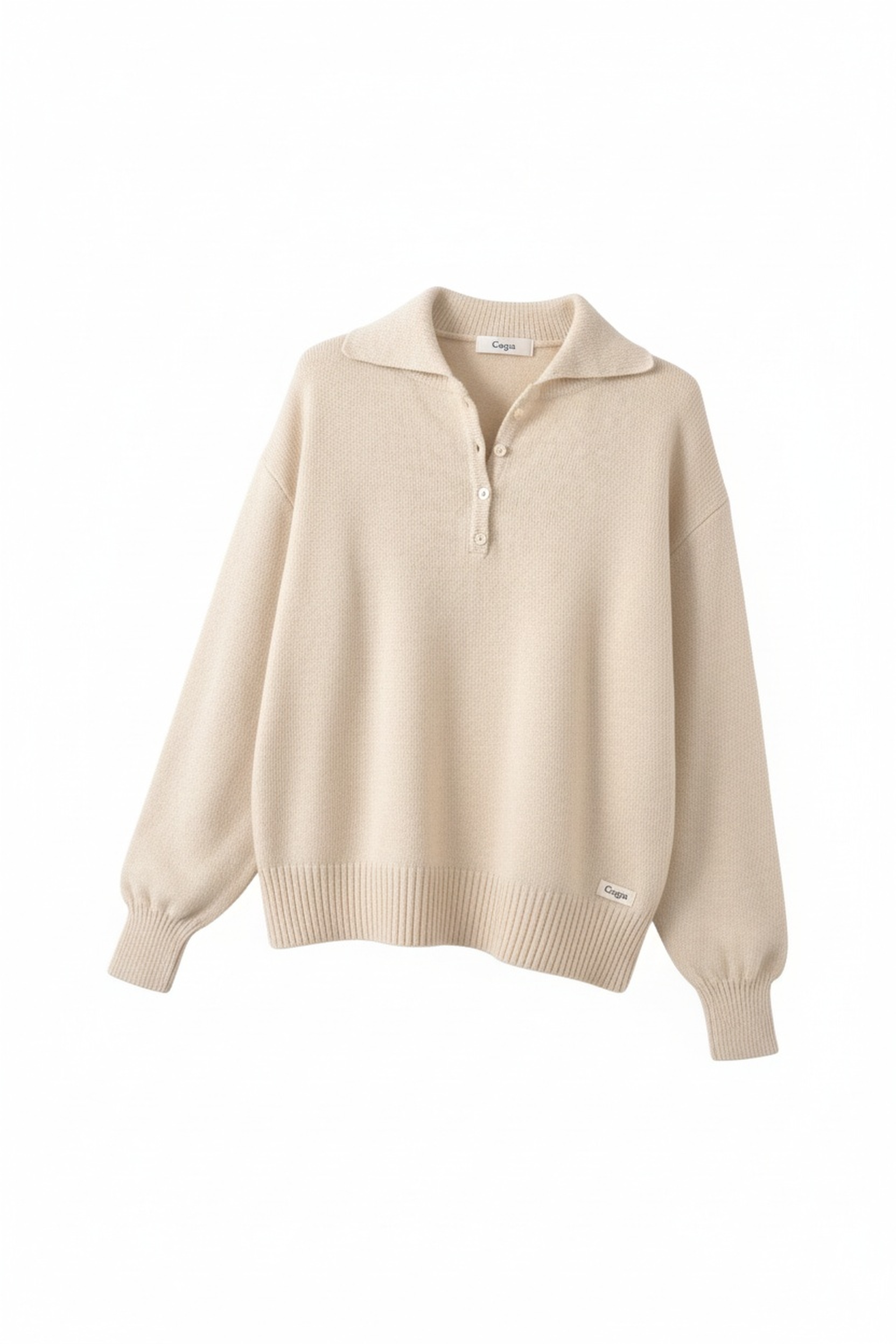 Beige Ribbed Knit Polo Sweater zdjęcie 1